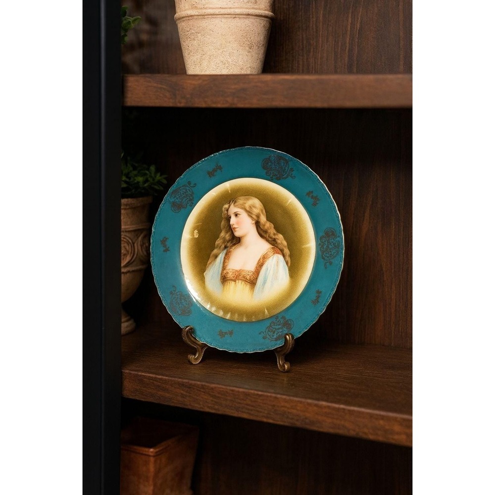 Antique Royal Vienna Porcelain Cabinet Plate Portrait Teal Olive 10 Inch